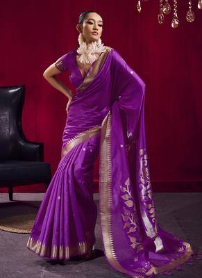 Purple weaving satin linen silk blend saree 1