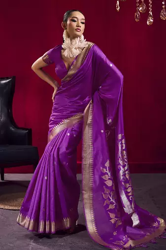Purple weaving satin linen silk blend saree