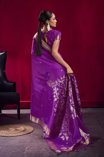 Purple weaving satin linen silk blend saree