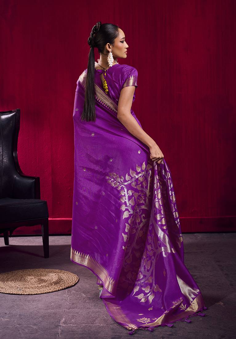 Purple weaving satin linen silk blend saree