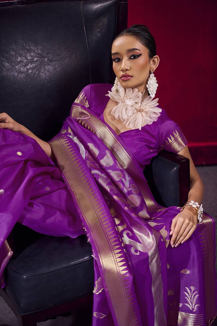 Purple weaving satin linen silk blend saree