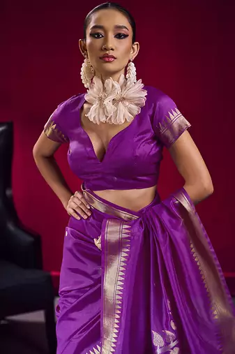Purple weaving satin linen silk blend saree