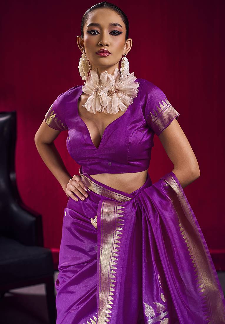 Purple weaving satin linen silk blend saree