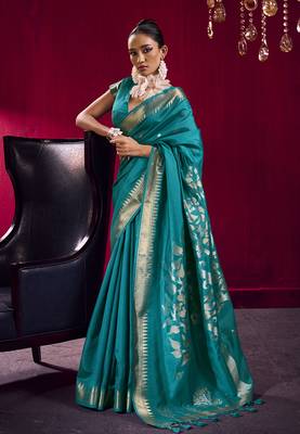 Teal weaving satin linen silk blend saree 1