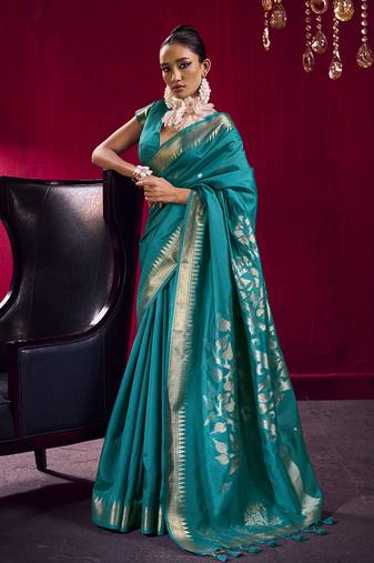 Teal weaving satin linen silk blend saree