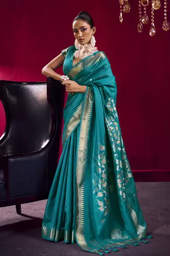 Teal weaving satin linen silk blend saree
