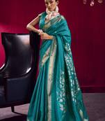 Teal weaving satin linen silk blend saree