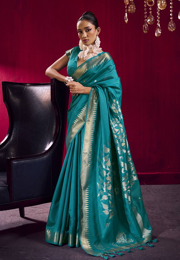 Teal weaving satin linen silk blend saree
