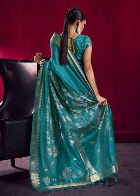 Teal weaving satin linen silk blend saree 2