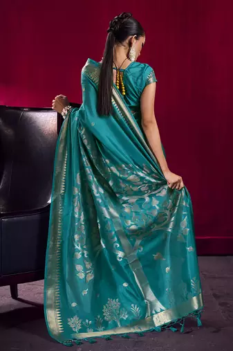 Teal weaving satin linen silk blend saree