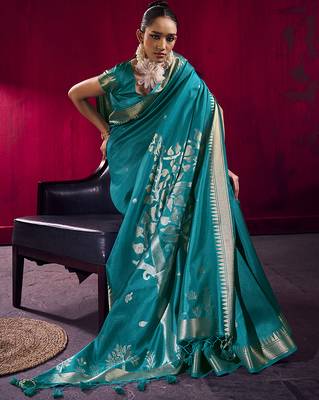 Teal weaving satin linen silk blend saree 3