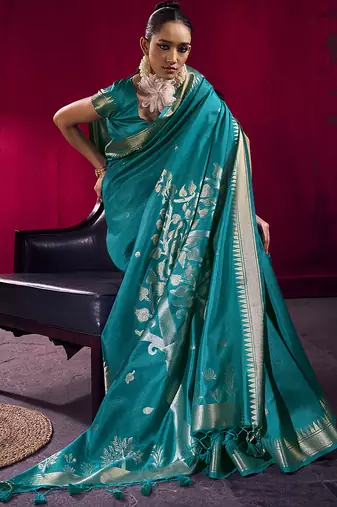 Teal weaving satin linen silk blend saree