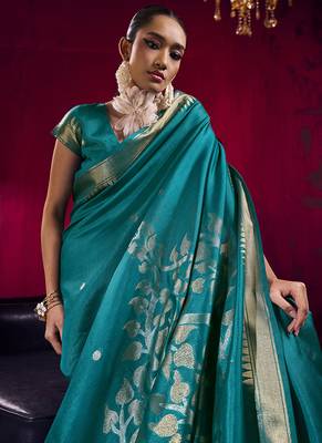 Teal weaving satin linen silk blend saree 4