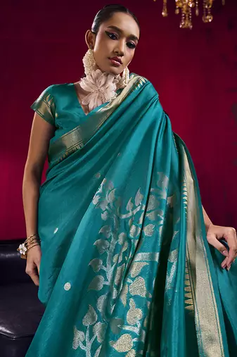 Teal weaving satin linen silk blend saree