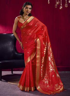 Red weaving satin linen silk blend saree 1