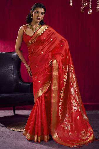 Red weaving satin linen silk blend saree