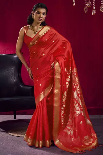 Red weaving satin linen silk blend saree