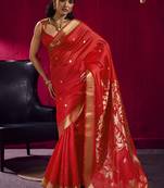 Red weaving satin linen silk blend saree