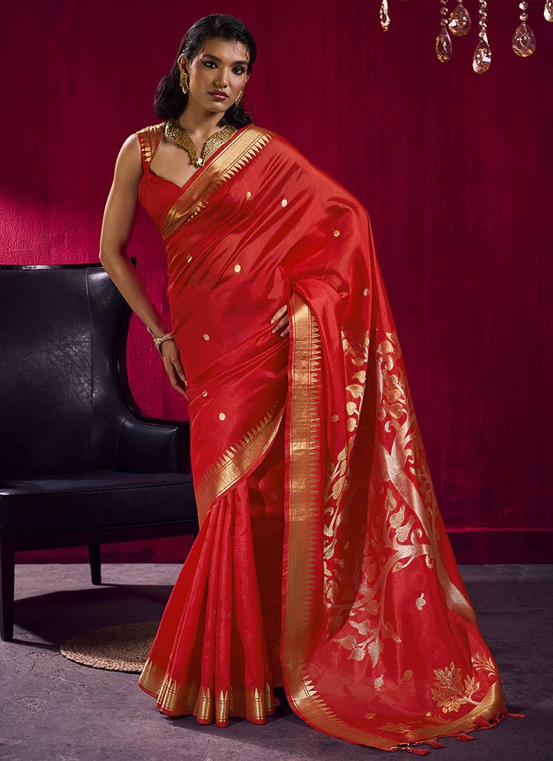Red weaving satin linen silk blend saree