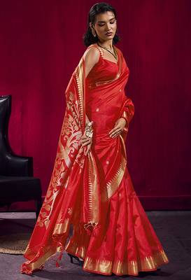 Red weaving satin linen silk blend saree 2