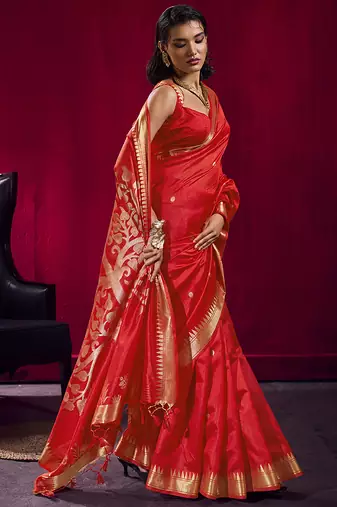 Red weaving satin linen silk blend saree