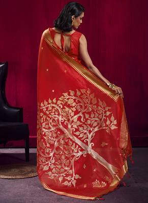 Red weaving satin linen silk blend saree 3