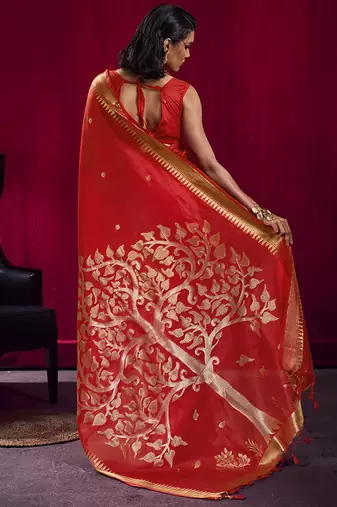 Red weaving satin linen silk blend saree