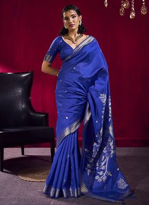 Royal blue weaving satin linen silk blend saree 1