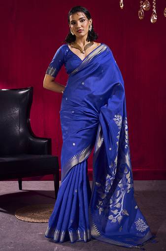 Royal blue weaving satin linen silk blend saree