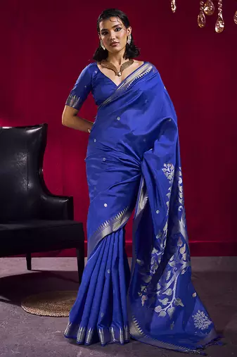 Royal blue weaving satin linen silk blend saree