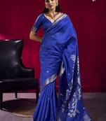 Royal blue weaving satin linen silk blend saree