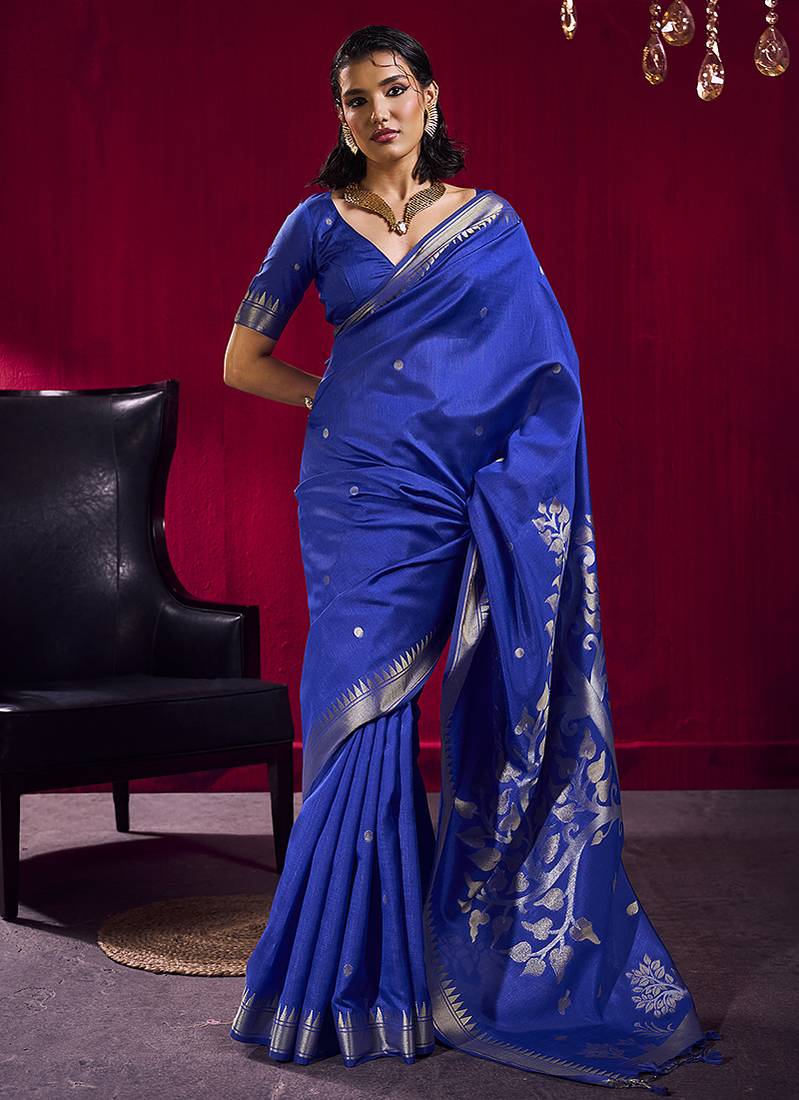 Royal blue weaving satin linen silk blend saree