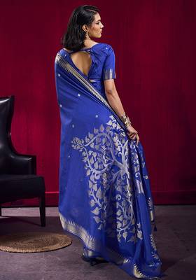 Royal blue weaving satin linen silk blend saree 2