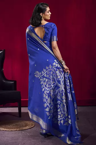 Royal blue weaving satin linen silk blend saree