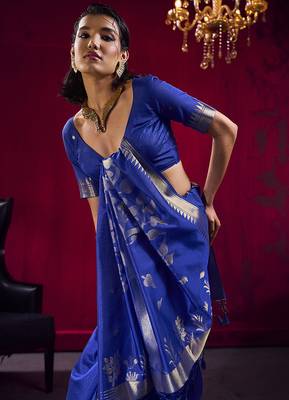Royal blue weaving satin linen silk blend saree 3