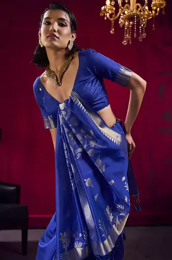 Royal blue weaving satin linen silk blend saree