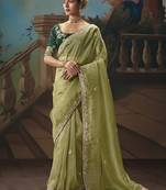 Light olive green fancy fabric saree with embroidered work