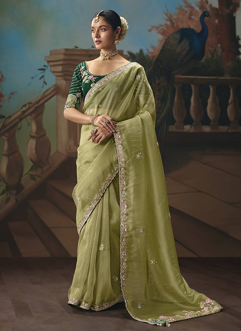 Light olive green fancy fabric saree with embroidered work