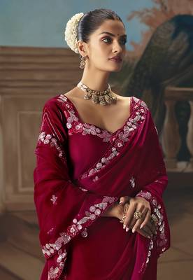 Maroon fancy fabric saree with embroidered work 3
