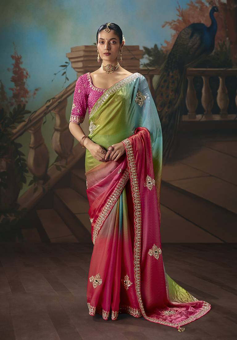 Multicolor fancy fabric saree with embroidered work