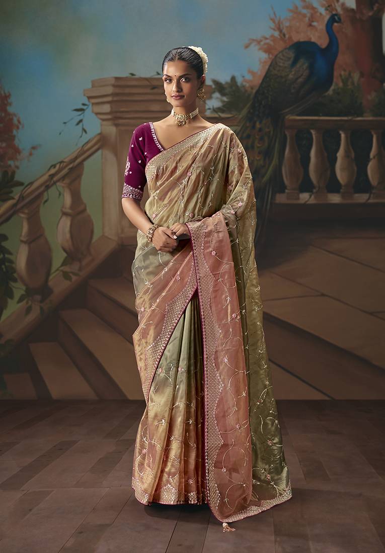 Multicolor fancy fabric saree with embroidered work