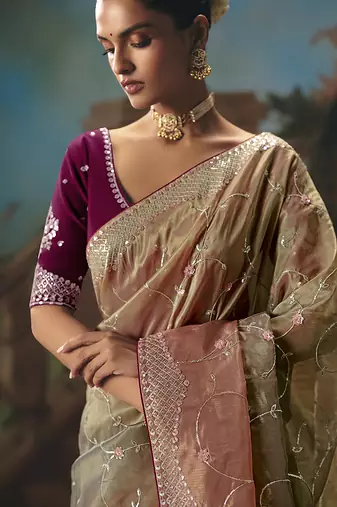Multicolor fancy fabric saree with embroidered work