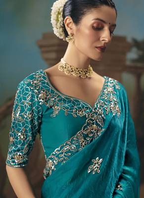 Aqua blue fancy fabric saree with embroidered work 2