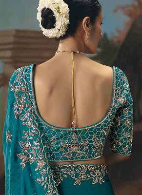 Aqua blue fancy fabric saree with embroidered work 3