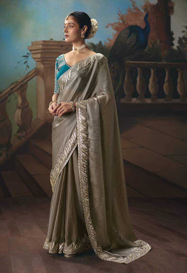 Grey fancy fabric saree with embroidered work