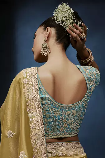 Gold fancy fabric embroidered saree with stiched blouse