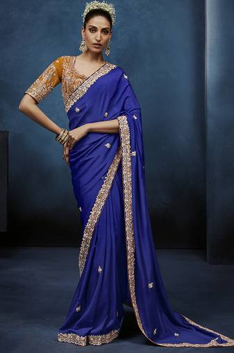 Royal blue fancy fabric embroidered saree with stiched blouse