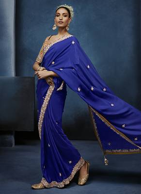 Royal blue fancy fabric embroidered saree with stiched blouse 2