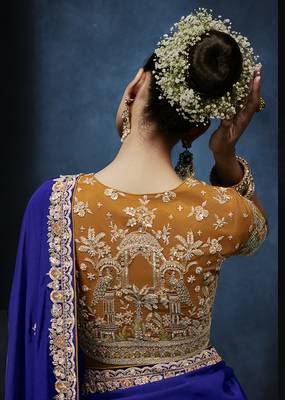 Royal blue fancy fabric embroidered saree with stiched blouse 3