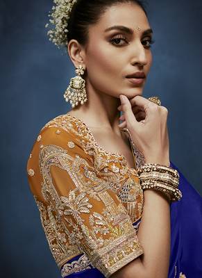 Royal blue fancy fabric embroidered saree with stiched blouse 4